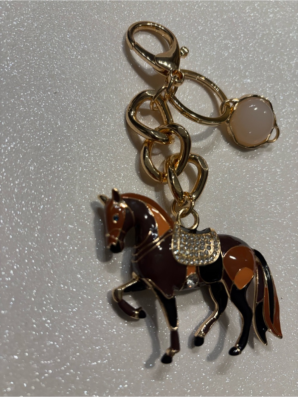 Gold Horse Enamel Keychain or Bag Charm with Rhinestone Saddle